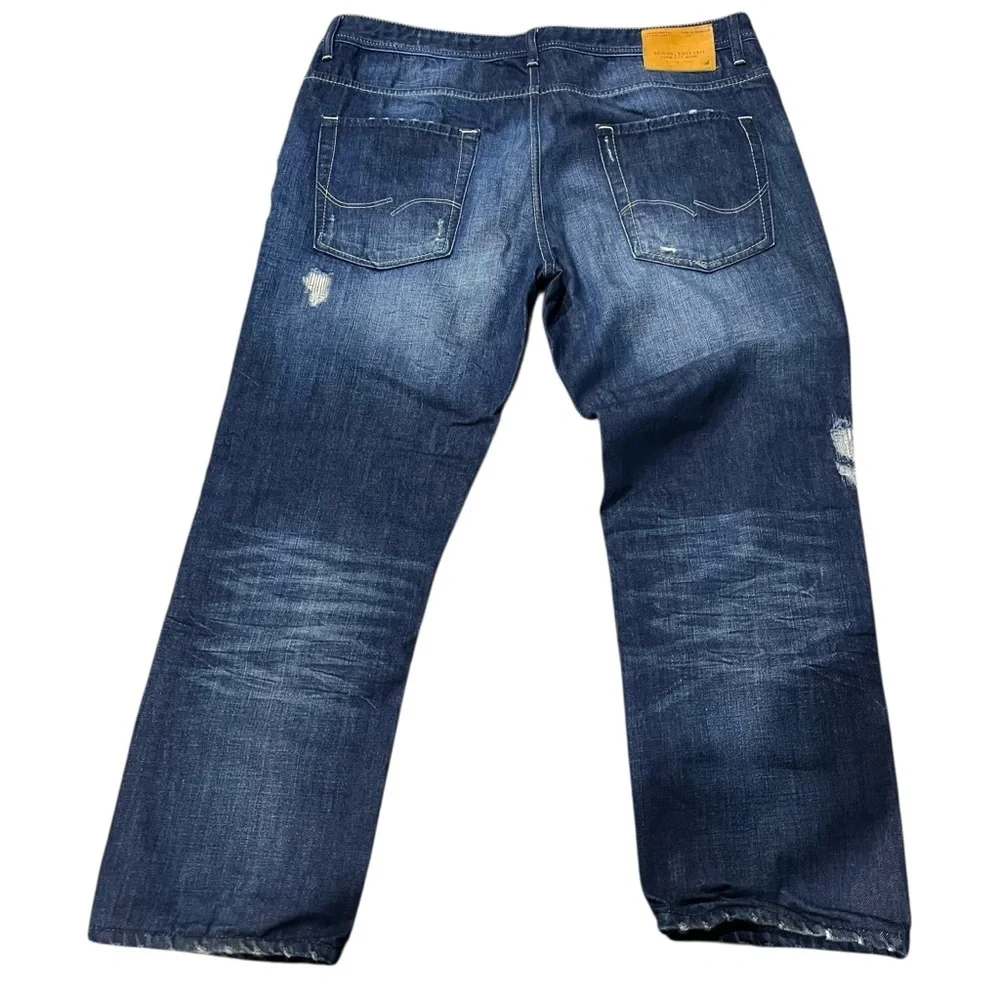 Jack & Jones Nick Jeans 38 x 27 Regular Fit Distressed Straight Leg Button Fly